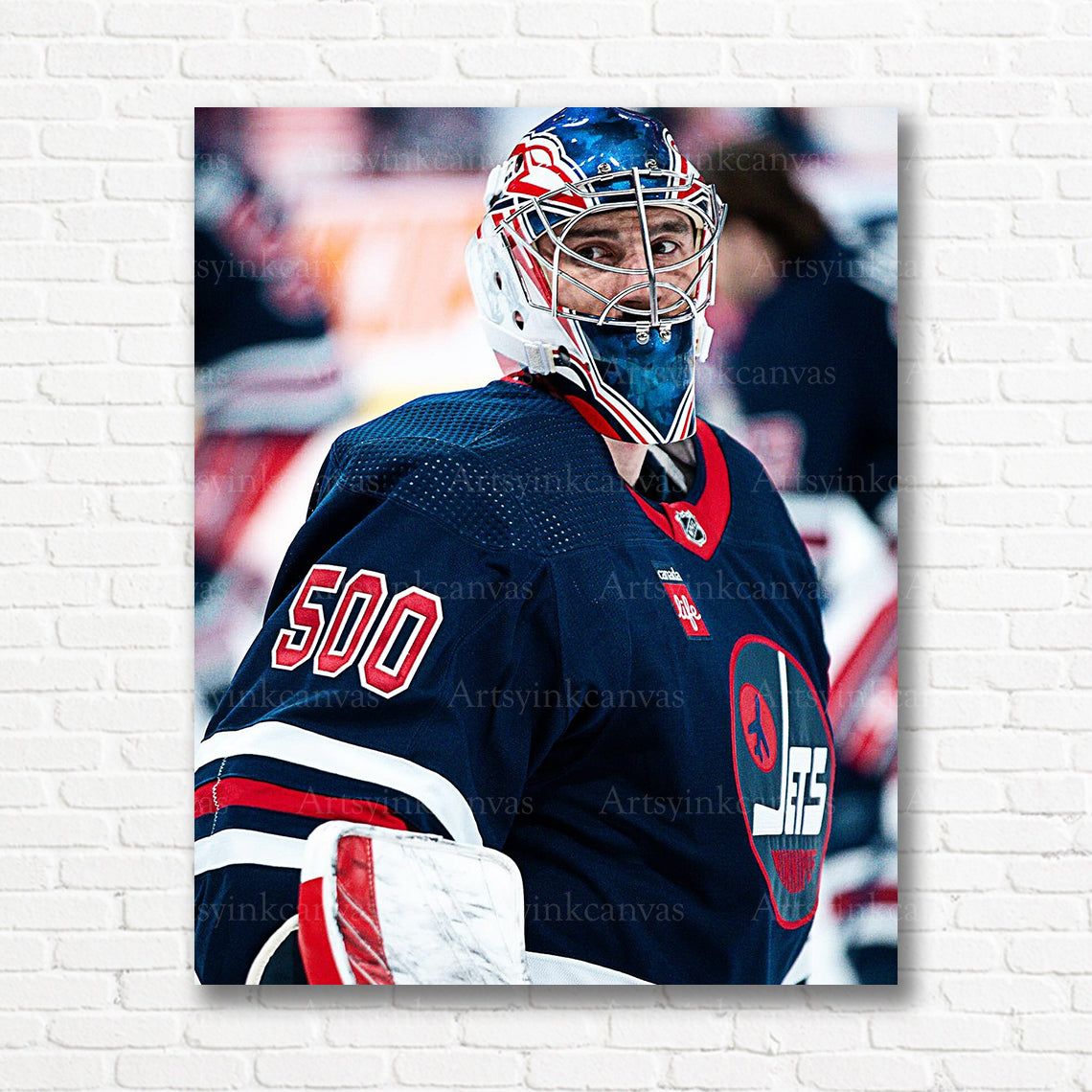 Connor Hellebuyck Jets jersey milestone canvas print