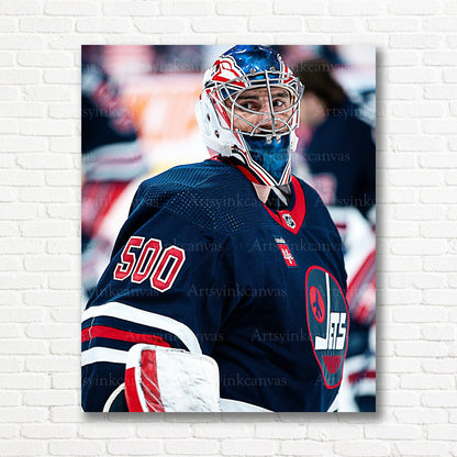 Connor Hellebuyck Jets jersey milestone canvas print