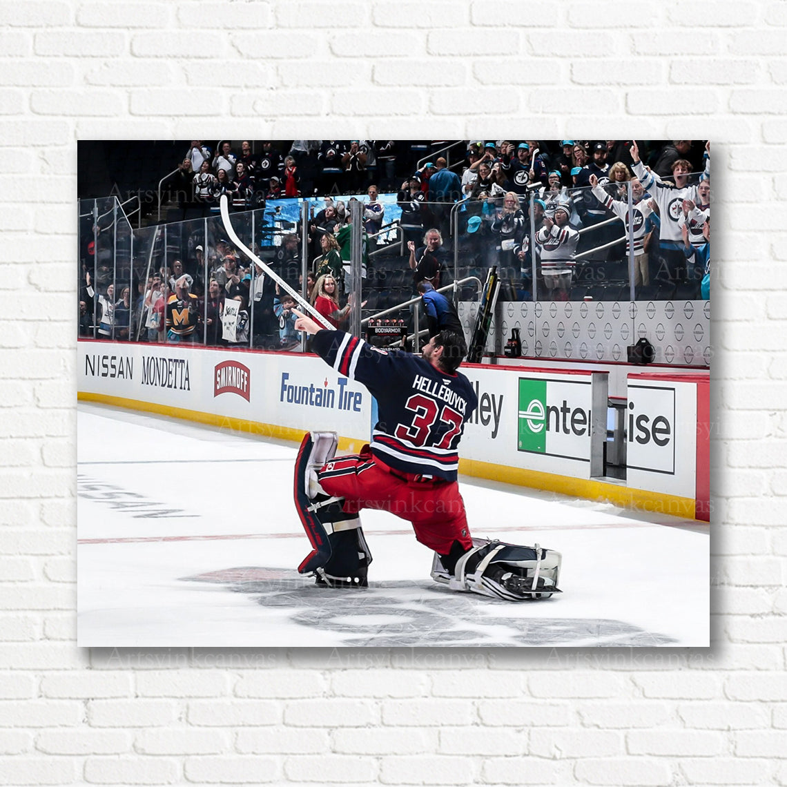 Connor Hellebuyck victory celebration hockey canvas print