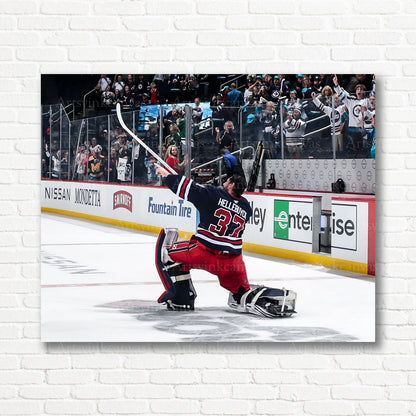 Connor Hellebuyck victory celebration hockey canvas print