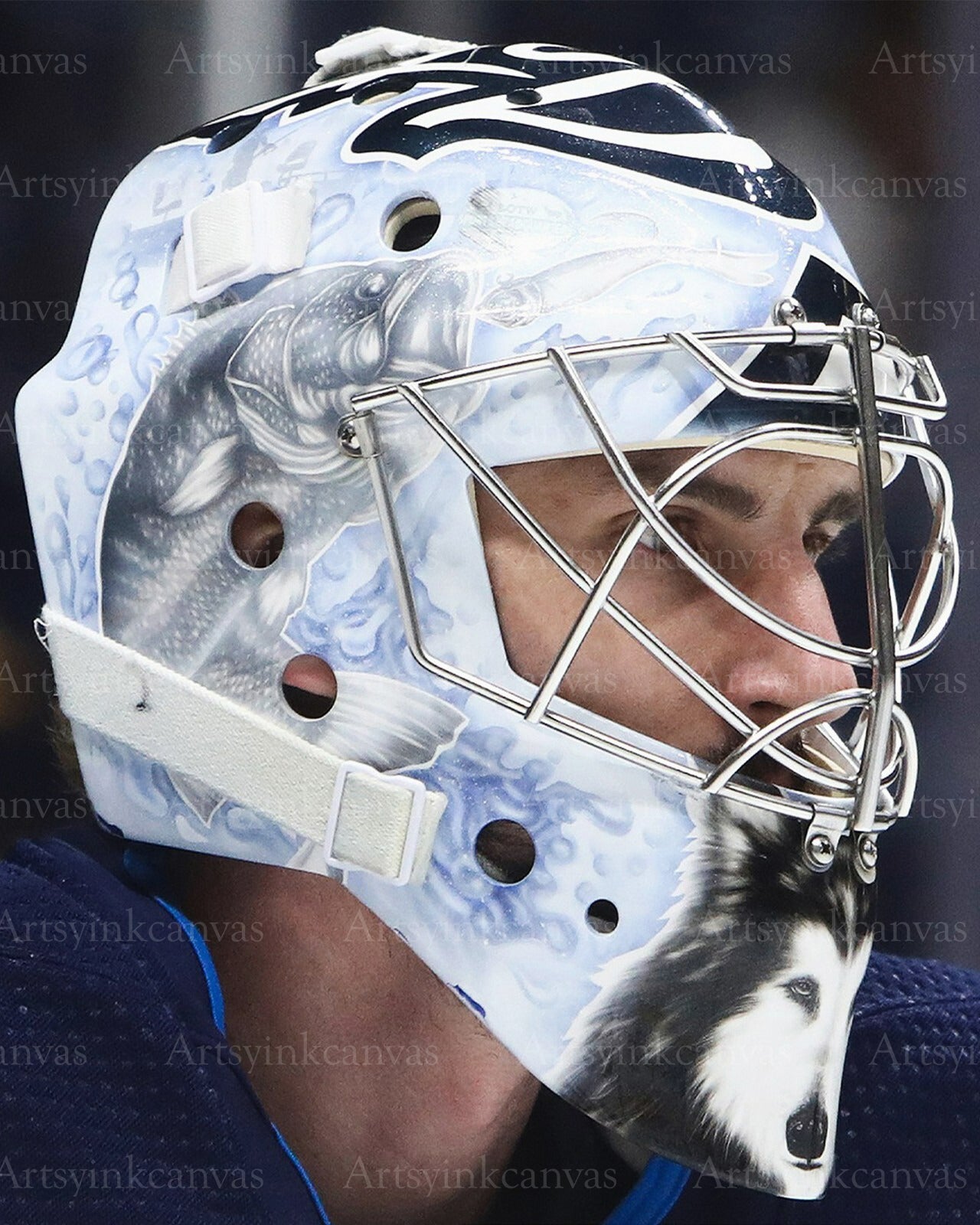 Connor Hellebuyck up close mask Winnipeg Jets canvas wall art