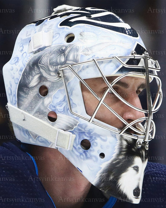 Connor Hellebuyck up close mask Winnipeg Jets canvas wall art