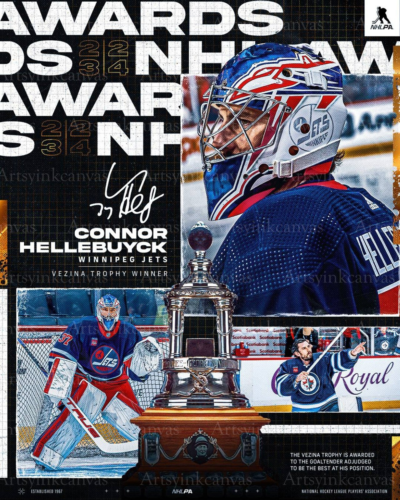 Connor Hellebuyck Vezina Trophy Winner canvas wall art