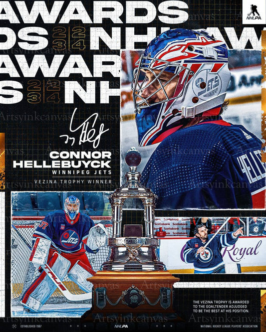 Connor Hellebuyck Vezina Trophy Winner canvas wall art