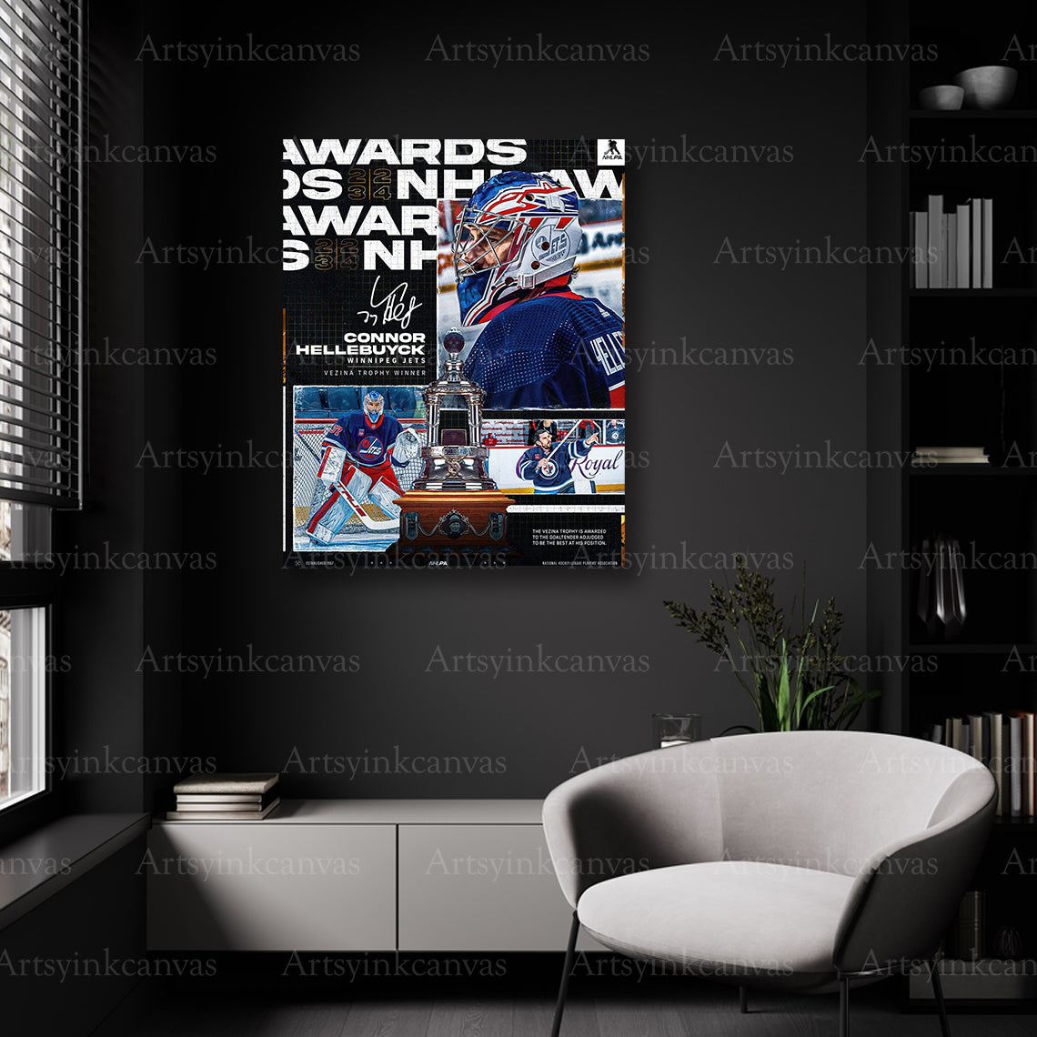 Connor Hellebuyck hockey trophy wall decor