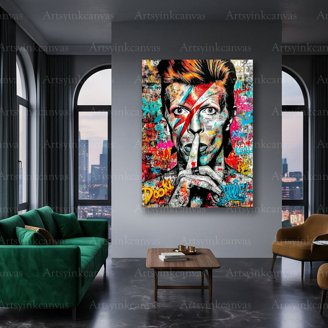 David Bowie glam rock inspired graffiti artwork on premium canvas