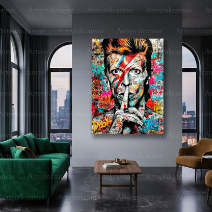 David Bowie glam rock inspired graffiti artwork on premium canvas