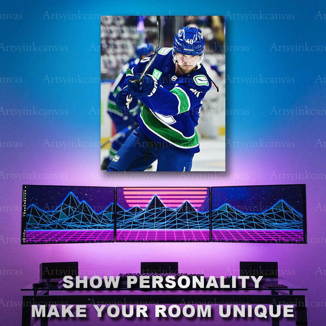 Elias Pettersson head on hockey artwork
