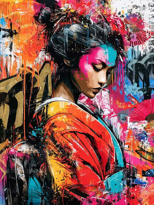 Geisha inspired beauty graffiti canvas wall art