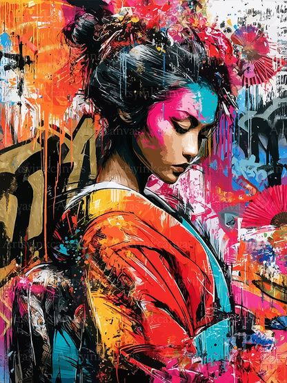 Geisha inspired beauty graffiti canvas wall art