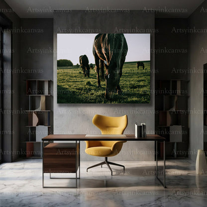 Walking horse surrounded by lush grass nature canvas artwork