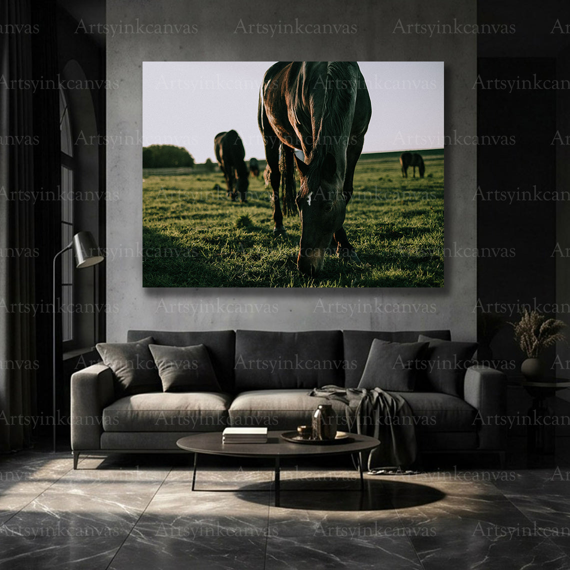 Equestrian horse walking through a green field wall art