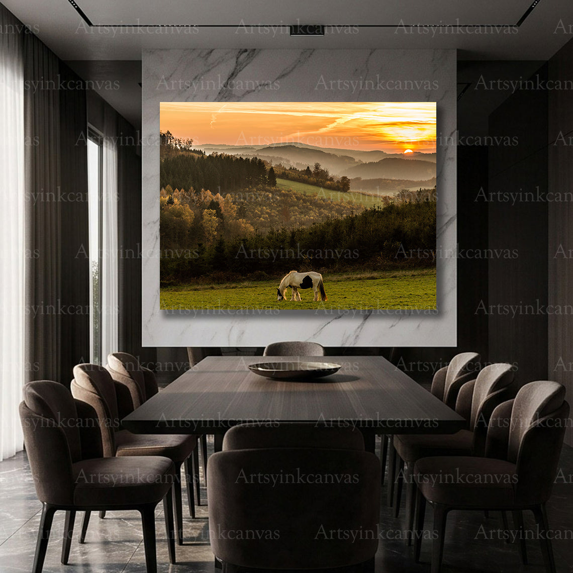 Equestrian horse in grassy field with mountain backdrop canvas print