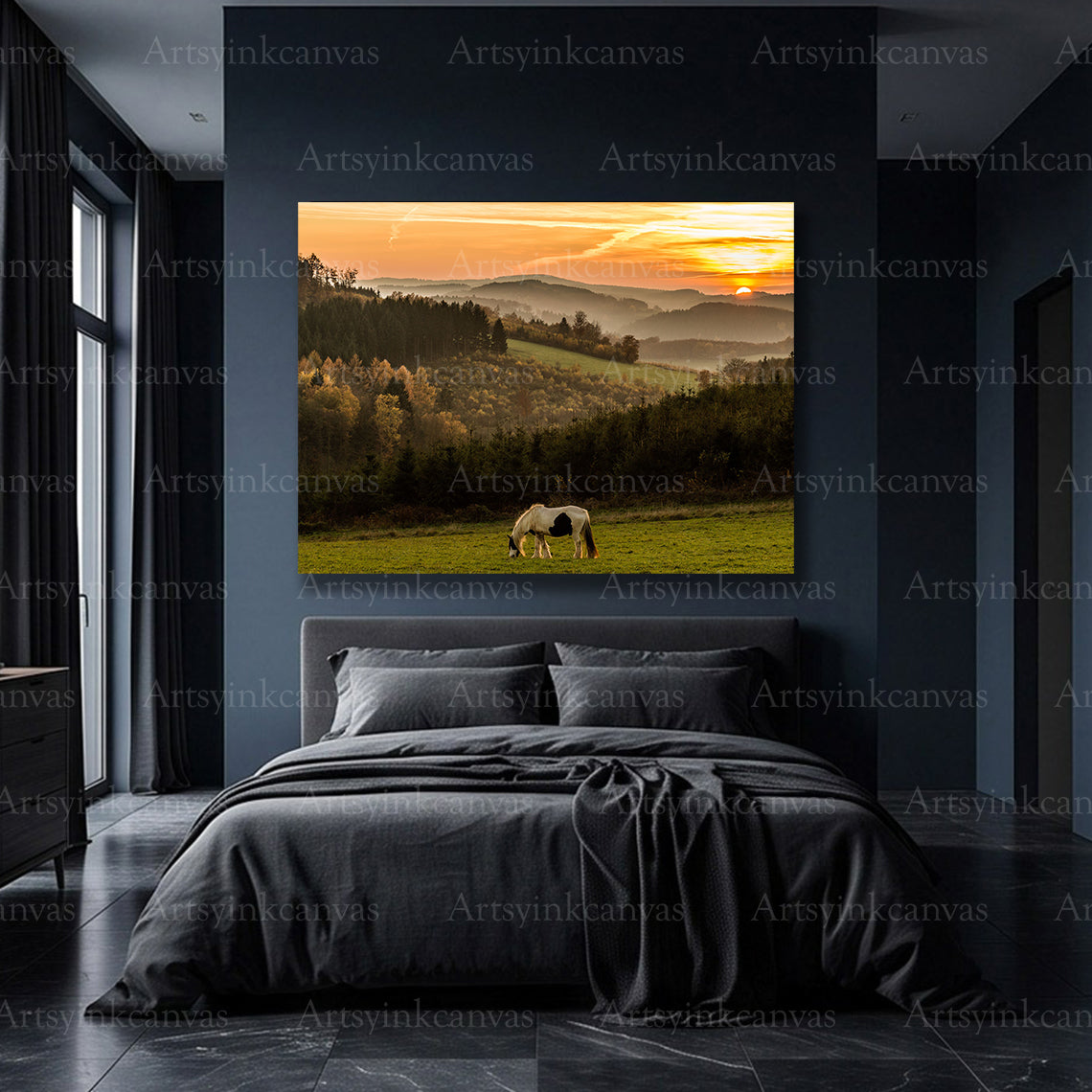 Beautiful mountain field horse artwork for rustic home wall decor