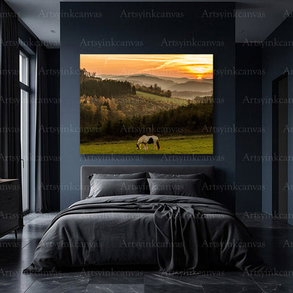 Beautiful mountain field horse artwork for rustic home wall decor