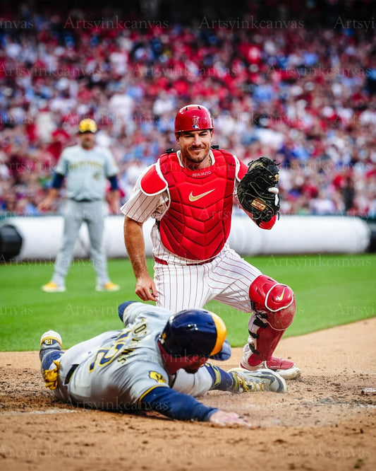 JT Realmuto tagging Rhys Hoskins canvas wall art