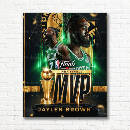 Jaylen Brown 2024 NBA Finals MVP Collage Canvas Wall Art | Boston Celtics Championship Tribute