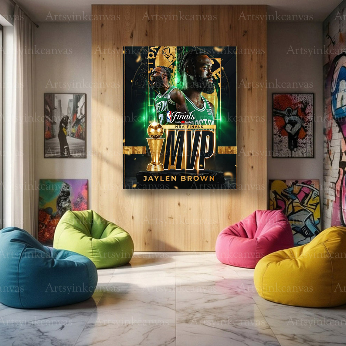 Jaylen Brown 2024 NBA Finals MVP Collage Canvas Wall Art | Boston Celtics Championship Tribute