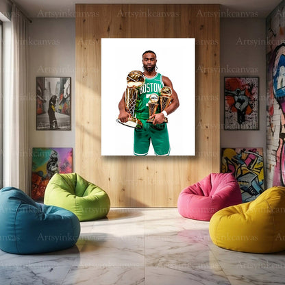Jaylen Brown Championship Trophies Canvas Wall Art | Boston Celtics NBA Legacy Decor