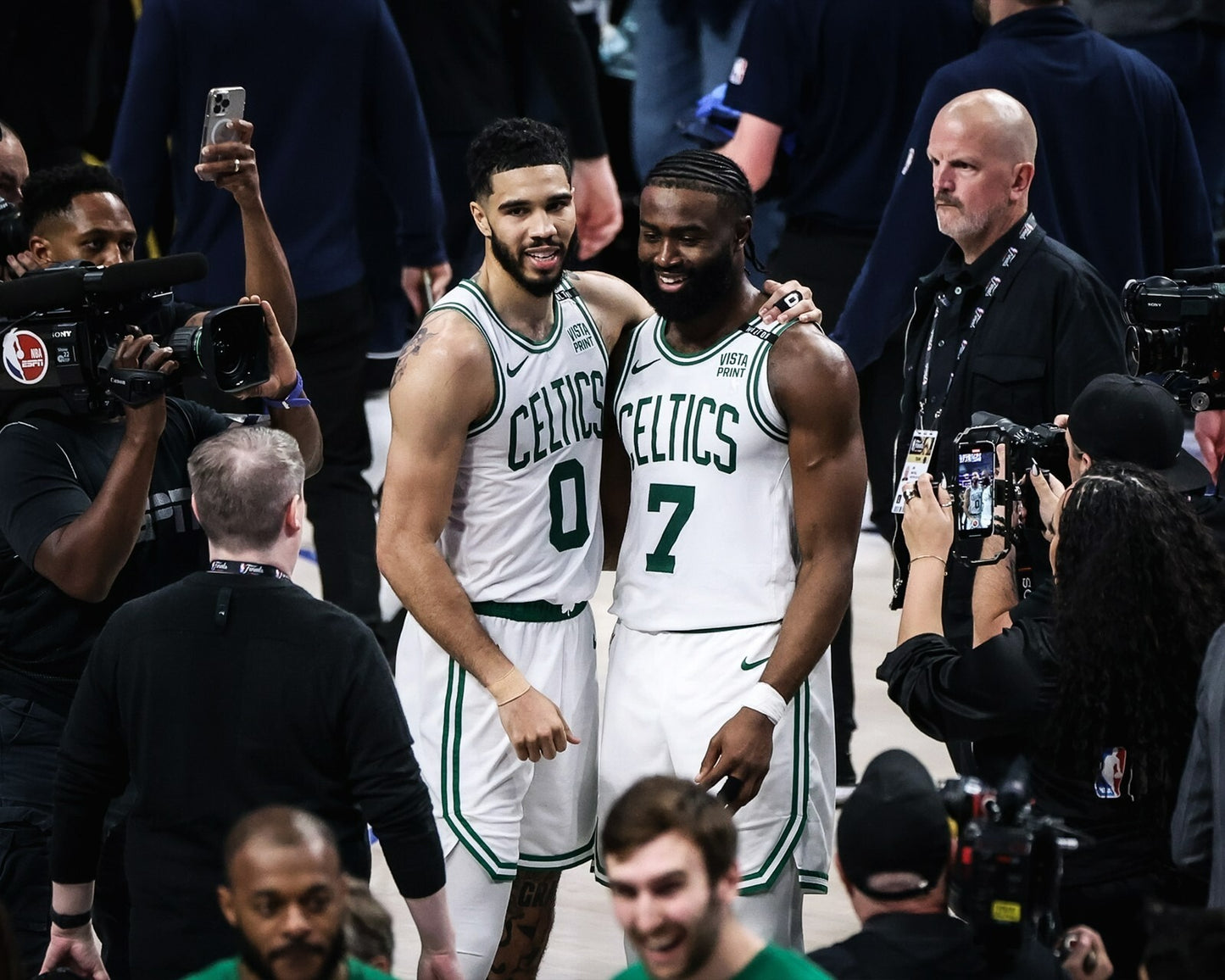 Jayson Tatum and Jaylen Brown on court post game Boston Celtics canvas wall art