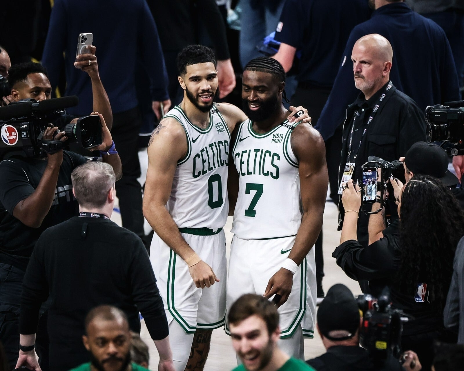 Jayson Tatum and Jaylen Brown on court post game Boston Celtics canvas wall art