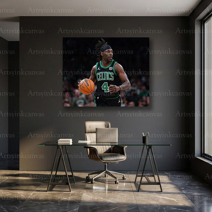 Jrue Holiday On Court Dribbling Canvas Wall Art | Boston Celtics NBA Action Decor