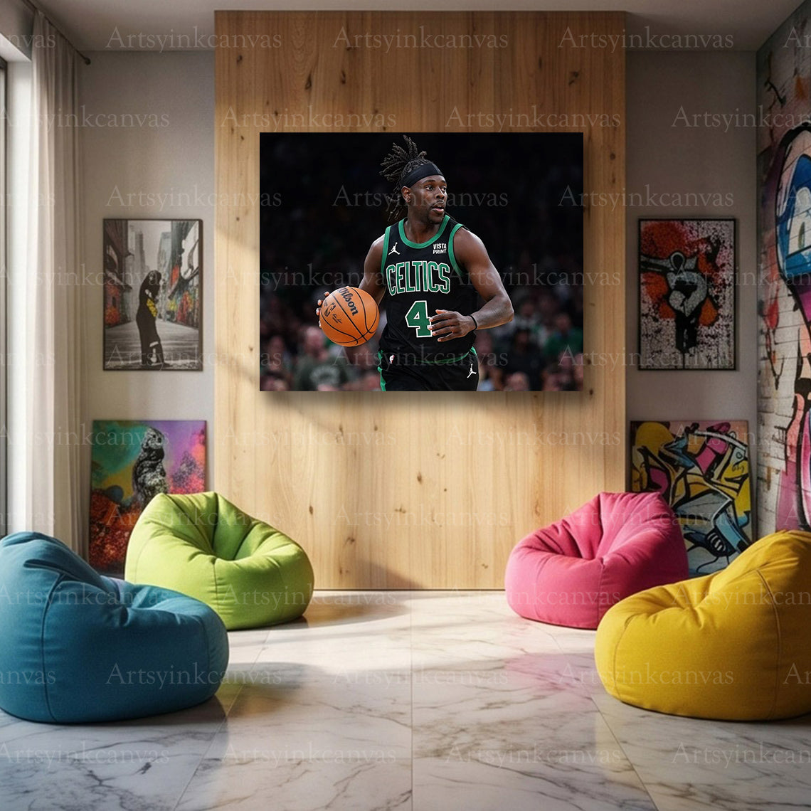 Jrue Holiday On Court Dribbling Canvas Wall Art | Boston Celtics NBA Action Decor