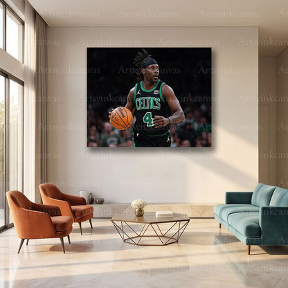 Jrue Holiday On Court Dribbling Canvas Wall Art | Boston Celtics NBA Action Decor