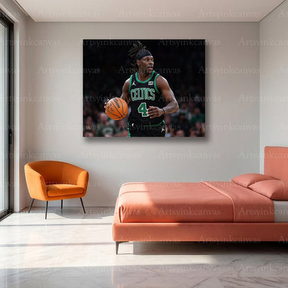 Jrue Holiday On Court Dribbling Canvas Wall Art | Boston Celtics NBA Action Decor