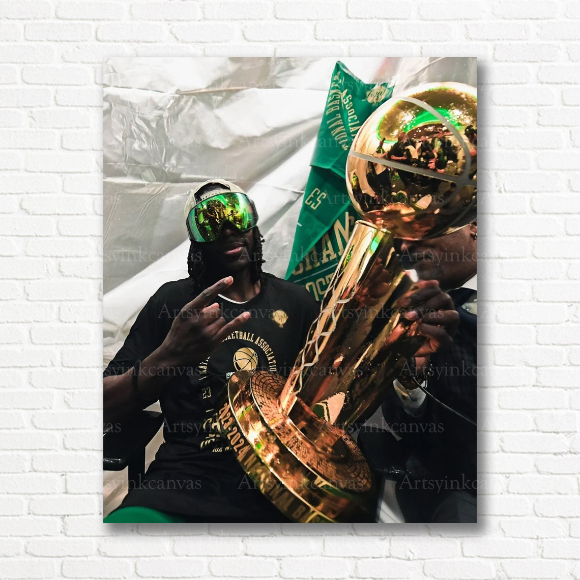 Jrue Holiday Trophy Celebration Canvas Wall Art | Boston Celtics NBA Champions Decor