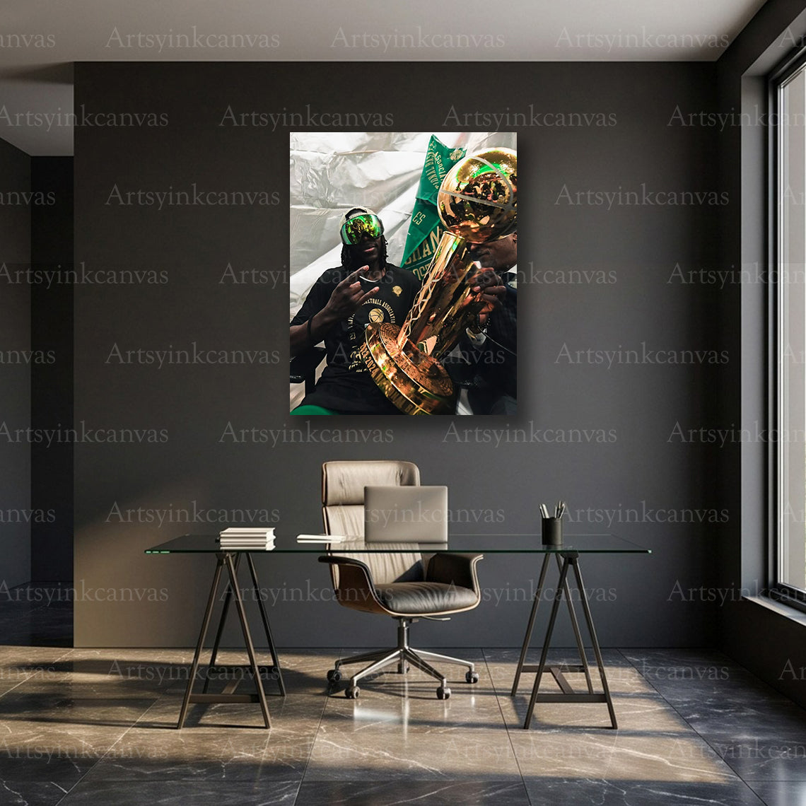 Jrue Holiday Trophy Celebration Canvas Wall Art | Boston Celtics NBA Champions Decor