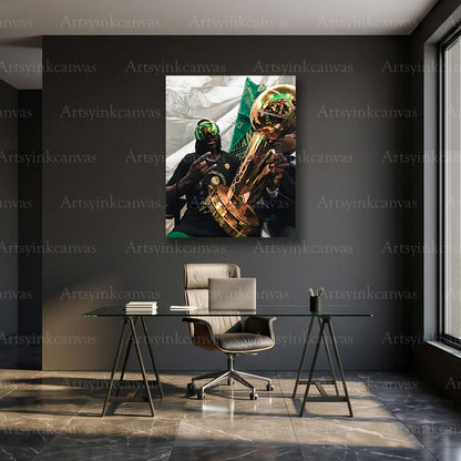 Jrue Holiday Trophy Celebration Canvas Wall Art | Boston Celtics NBA Champions Decor
