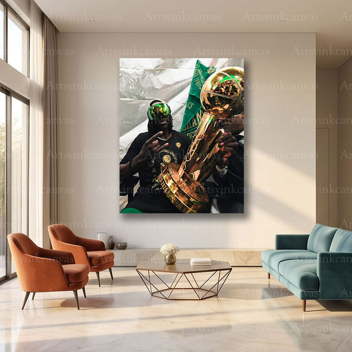 Jrue Holiday Trophy Celebration Canvas Wall Art | Boston Celtics NBA Champions Decor