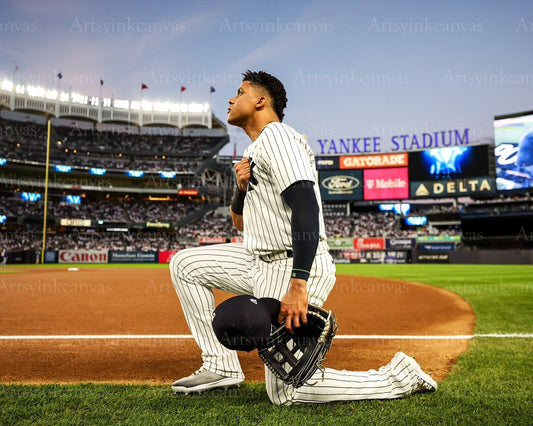Juan Soto one knee on field New York Yankees canvas wall art