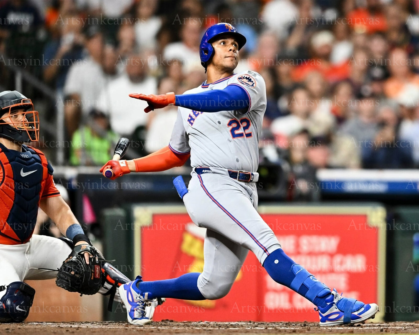 Juan Soto swinging at bat in debut New York Mets canvas wall art