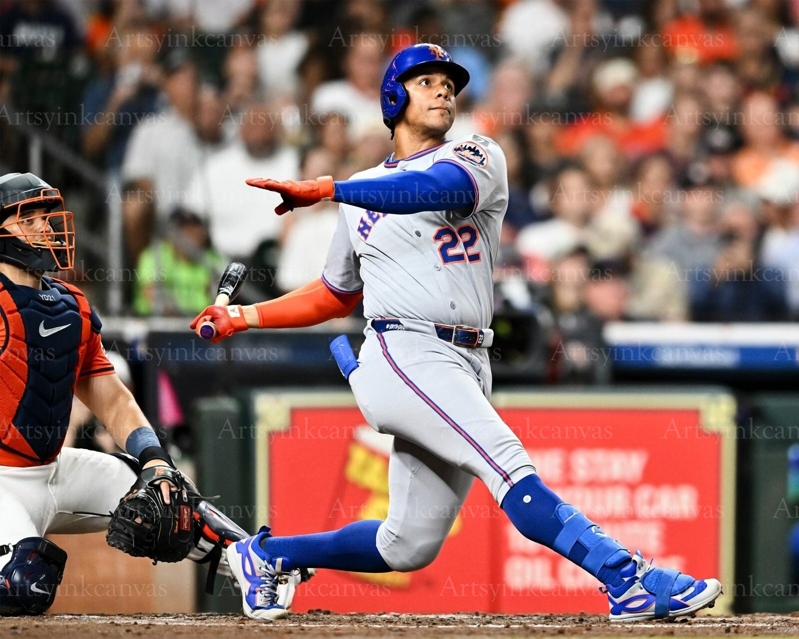 Juan Soto swinging at bat in debut New York Mets canvas wall art