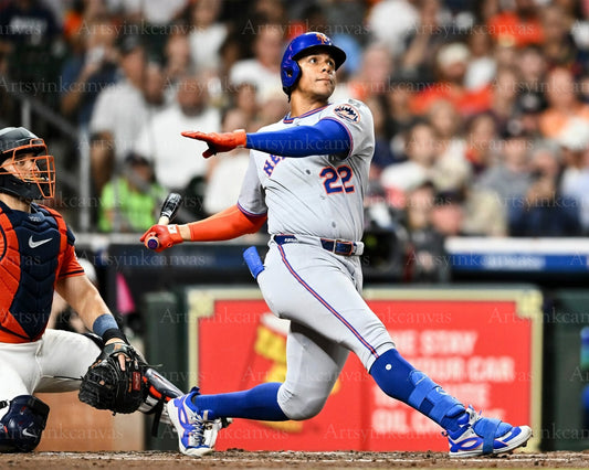 Juan Soto swinging at bat in debut New York Mets canvas wall art