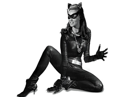 Julie Newmar Catwoman in Batman black and white canvas wall art