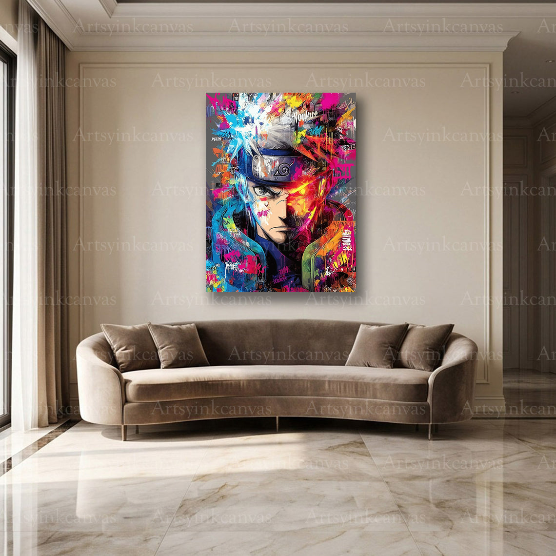 Kakashi Hatake ninja graffiti wall art for modern anime interiors