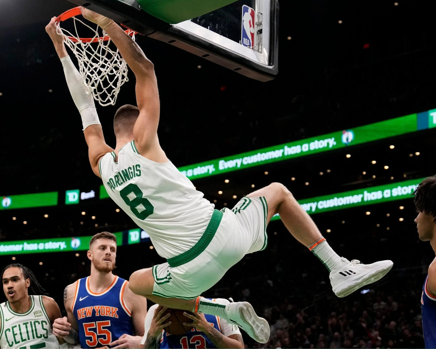 Kristaps Porziņģis hanging after a dunk Boston Celtics canvas wall art