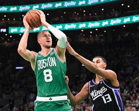 Kristaps Porziņģis mid shot shooting Boston Celtics canvas wall art