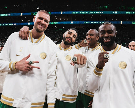 Kristaps Porziņģis Jayson Tatum Al Horford Jaylen Brown championship rings canvas wall art