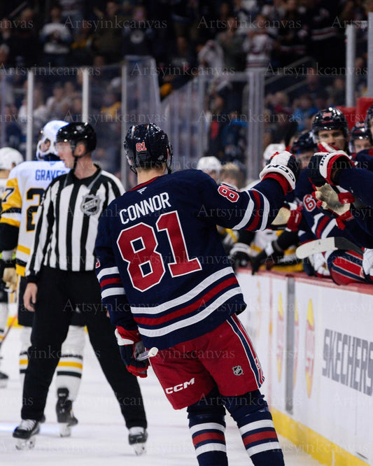 Kyle Connor goal celebration fist bumps Winnipeg Jets canvas wall art