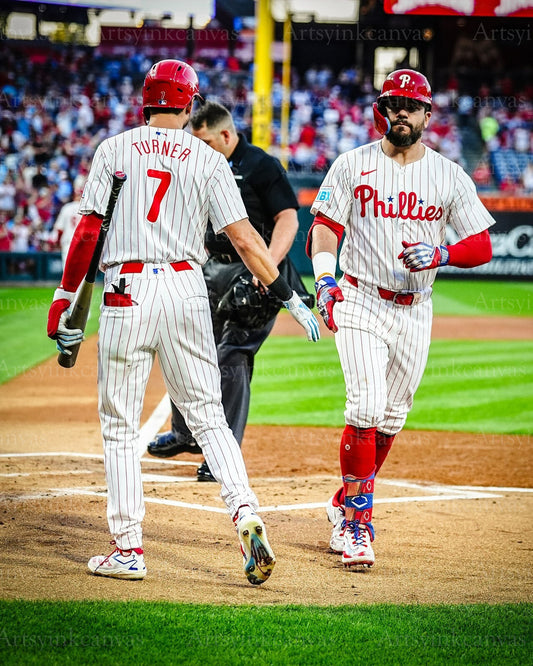 Kyle Schwarber and Trea Turner high five canvas wall art