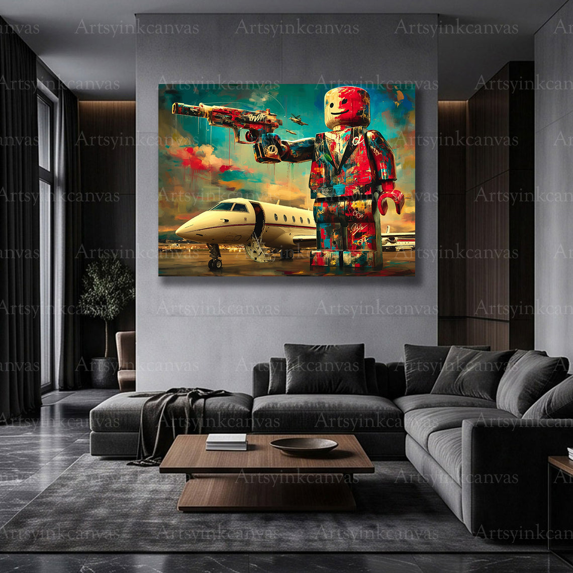 LEGO brick-inspired victory graffiti artwork