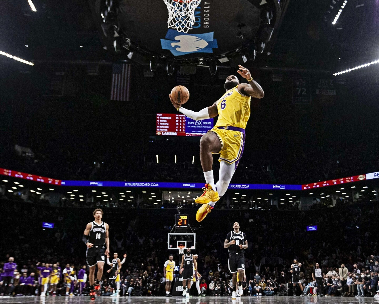 LeBron James aerial dunk Los Angeles Lakers canvas wall art