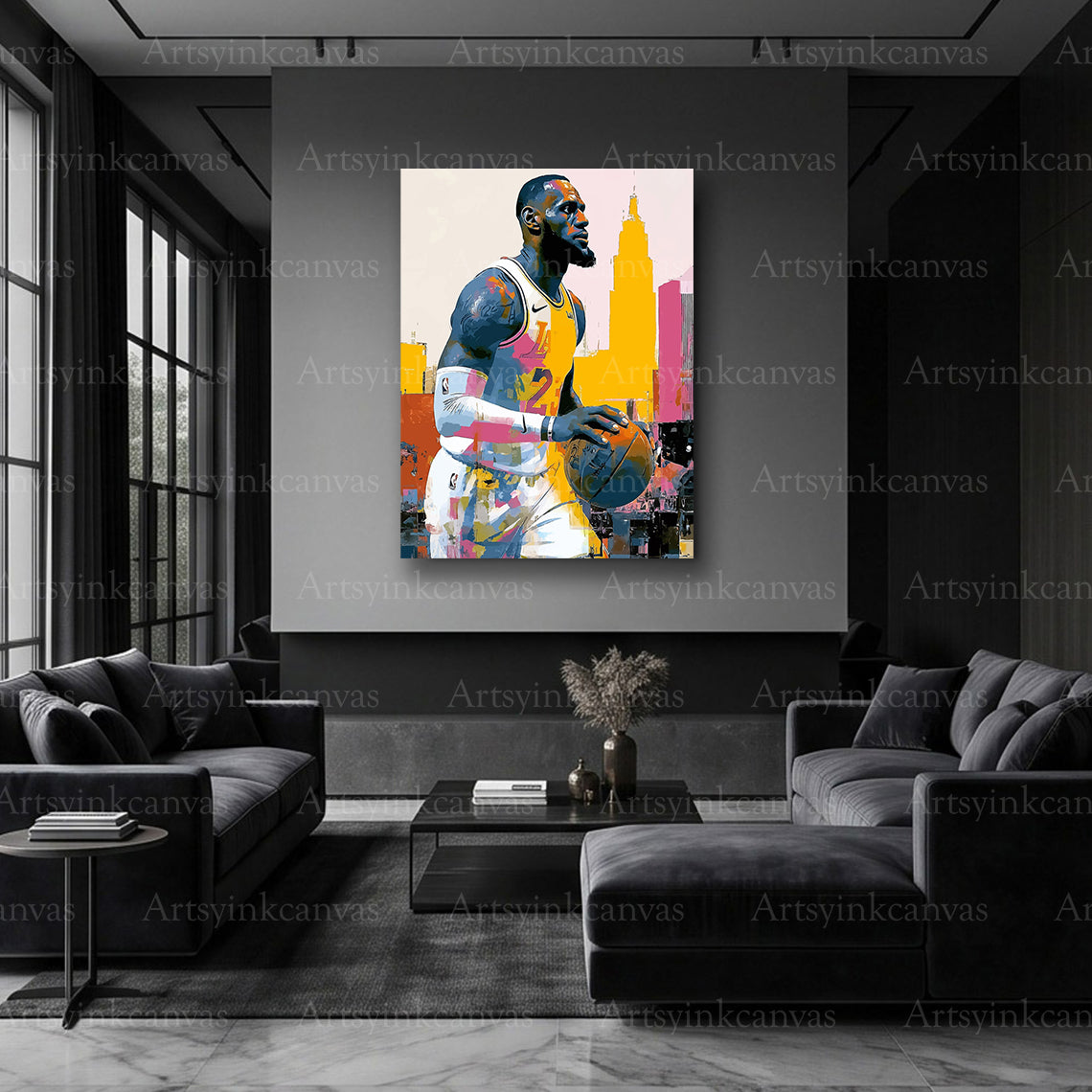 LeBron James inspired basketball canvas art for game room and man cave decor