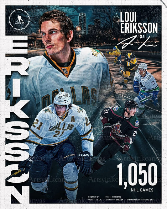 Loui Eriksson retirement collage Stars Canucks Bruins Coyotes canvas wall art