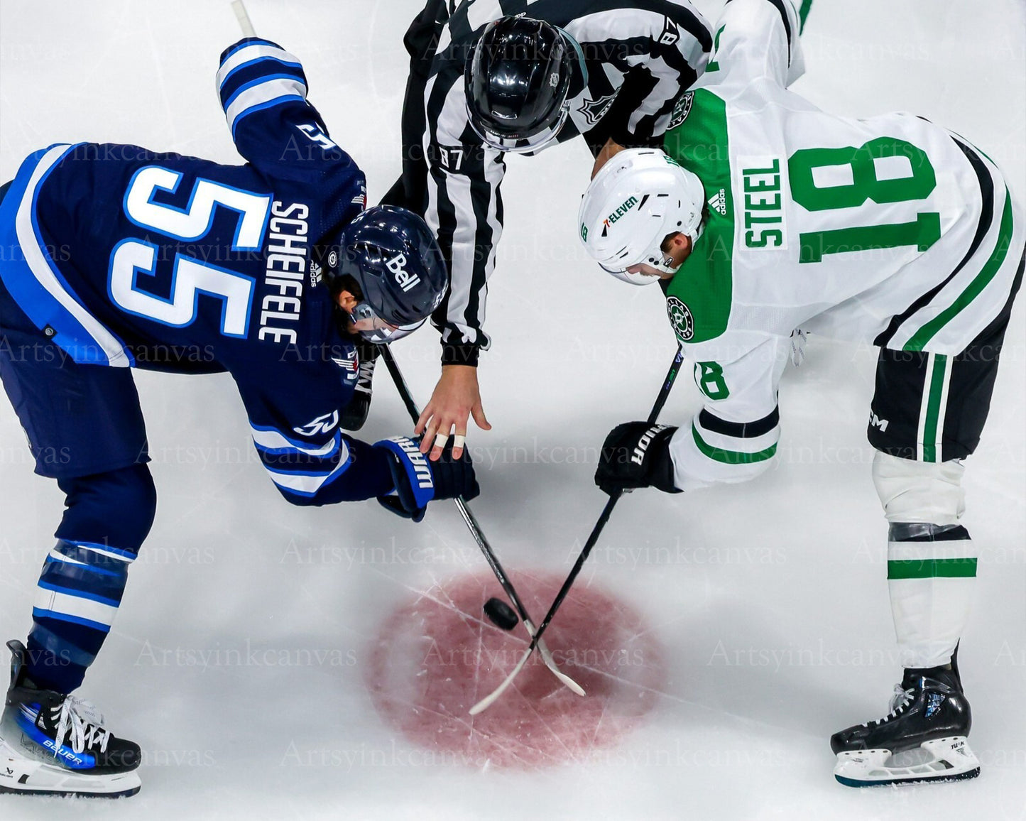 Mark Scheifele vs Sam Steel faceoff Jets vs Stars canvas wall art