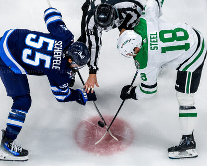 Mark Scheifele vs Sam Steel faceoff Jets vs Stars canvas wall art